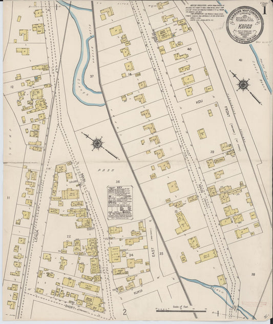 Sanborn Fire Insurance Map from Kapaa, Kauai County, Hawaii (1921), Sheet #0001 - Historic Sanborn Fire Insurance Map Print, vintage old map wall art, antique decor, genealogy gift, Hawaii Hawaii map