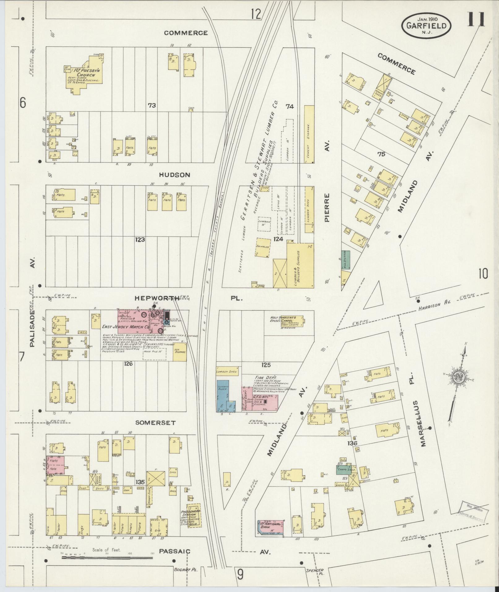 Sanborn Fire Insurance Map from Garfield, Bergen County, New Jersey (1910), Sheet #0011 - Historic Sanborn Fire Insurance Map Print, vintage old map wall art, antique decor, genealogy gift, New Jersey New Jersey map