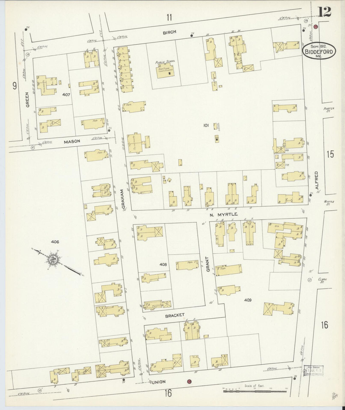 Sanborn Fire Insurance Map from Biddeford, York County, Maine (1912), Sheet #0012 - Complete Map Set gallery image, historic Sanborn map, vintage wall art, Maine Maine