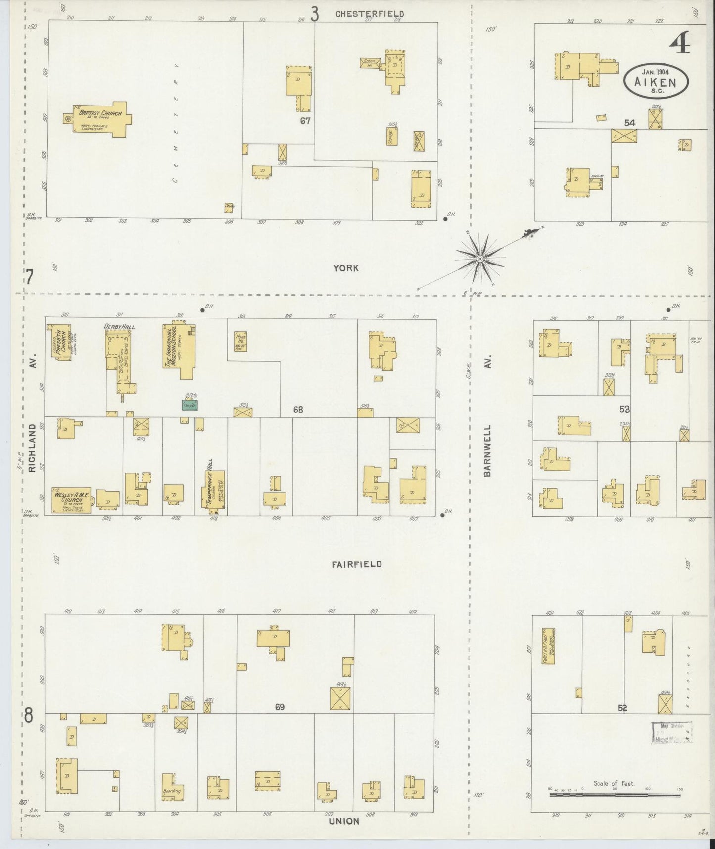 Sanborn Fire Insurance Map from Aiken, Aiken County, South Carolina (1904), Sheet #0004 - Complete Map Set gallery image, historic Sanborn map, vintage wall art, South Carolina South Carolina