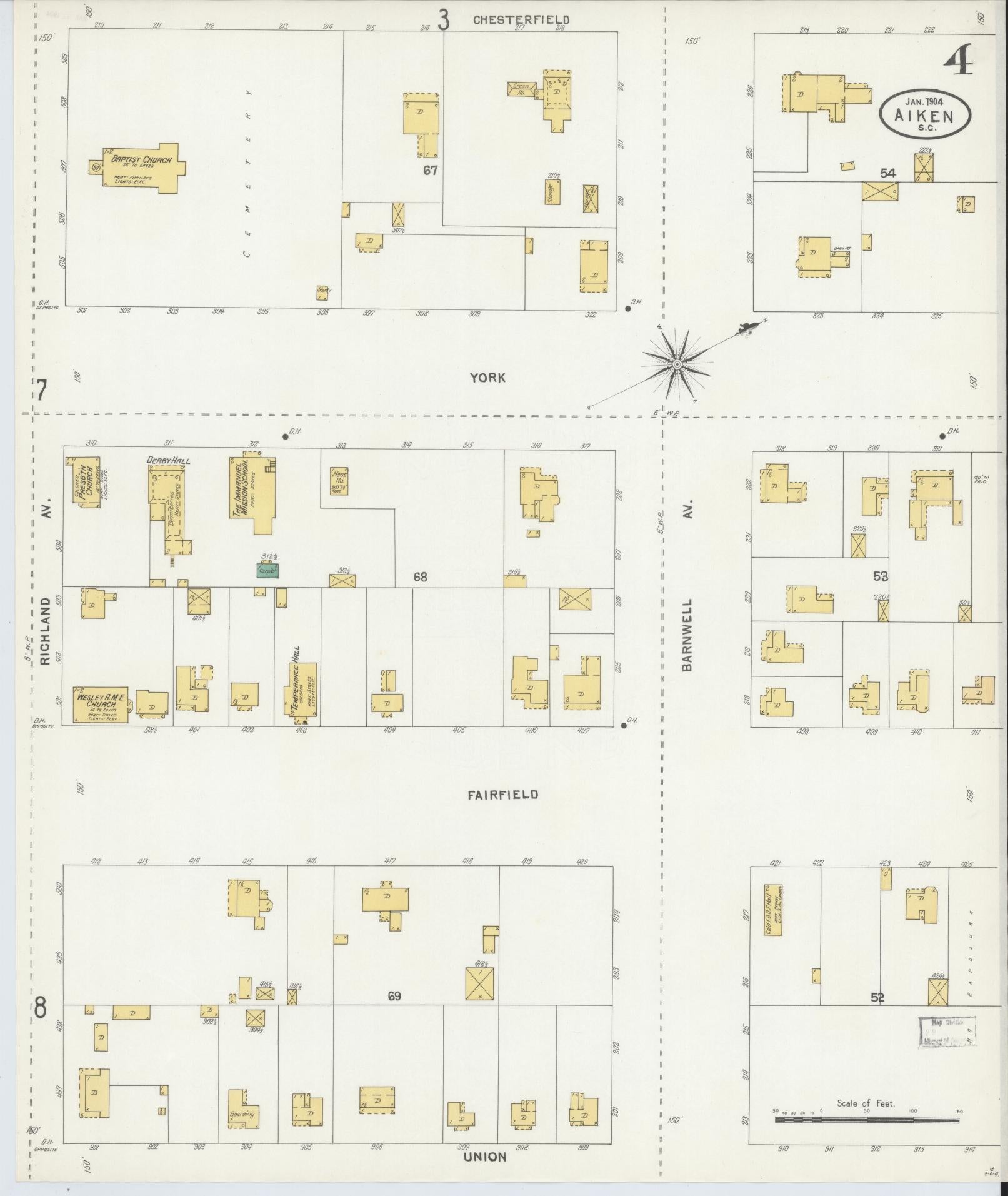 Sanborn Fire Insurance Map from Aiken, Aiken County, South Carolina (1904), Sheet #0004 - Complete Map Set gallery image, historic Sanborn map, vintage wall art, South Carolina South Carolina