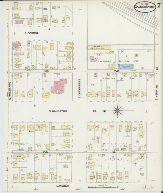 Sanborn Fire Insurance Map from Colorado Springs, El Paso County, Colorado (1890), Sheet #0007 - Historic Sanborn Fire Insurance Map Print, vintage old map wall art, antique decor, genealogy gift, Colorado Colorado map