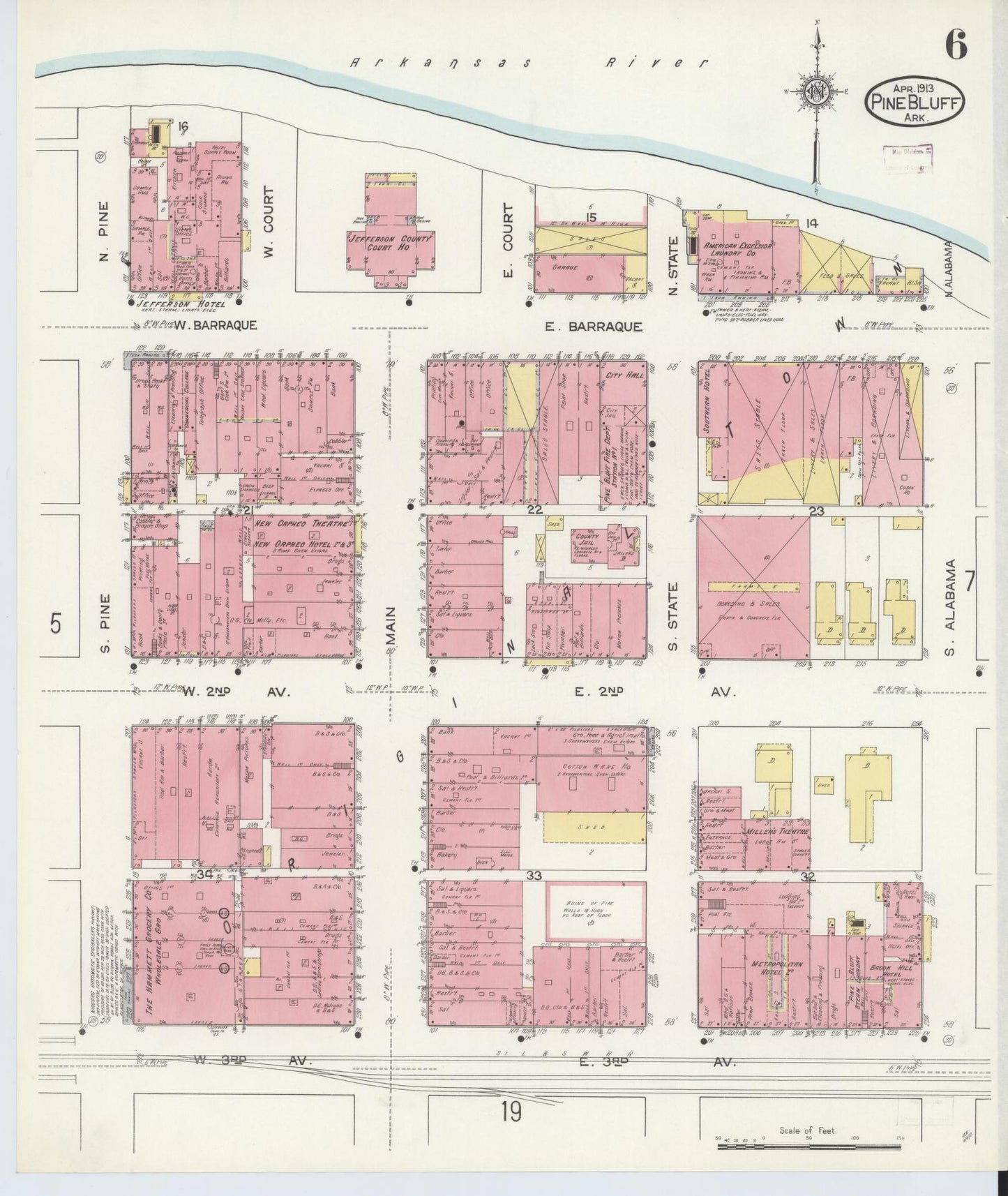 Sanborn Fire Insurance Map from Pine Bluff, Jefferson County, Arkansas (1913), Sheet #0006 - Historic Sanborn Fire Insurance Map Print, vintage old map wall art, antique decor, genealogy gift, Arkansas Arkansas map