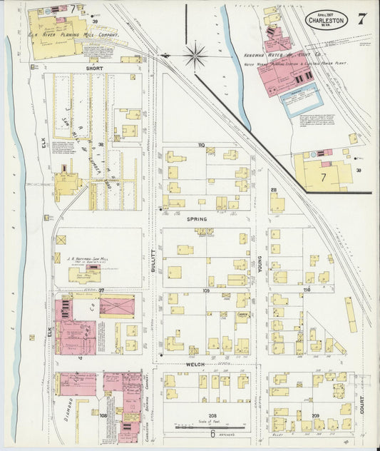 Sanborn Fire Insurance Map from Charleston, Kanawha County, West Virginia (1907), Sheet #0007 - Historic Sanborn Fire Insurance Map Print, vintage old map wall art, antique decor, genealogy gift, West Virginia West Virginia map