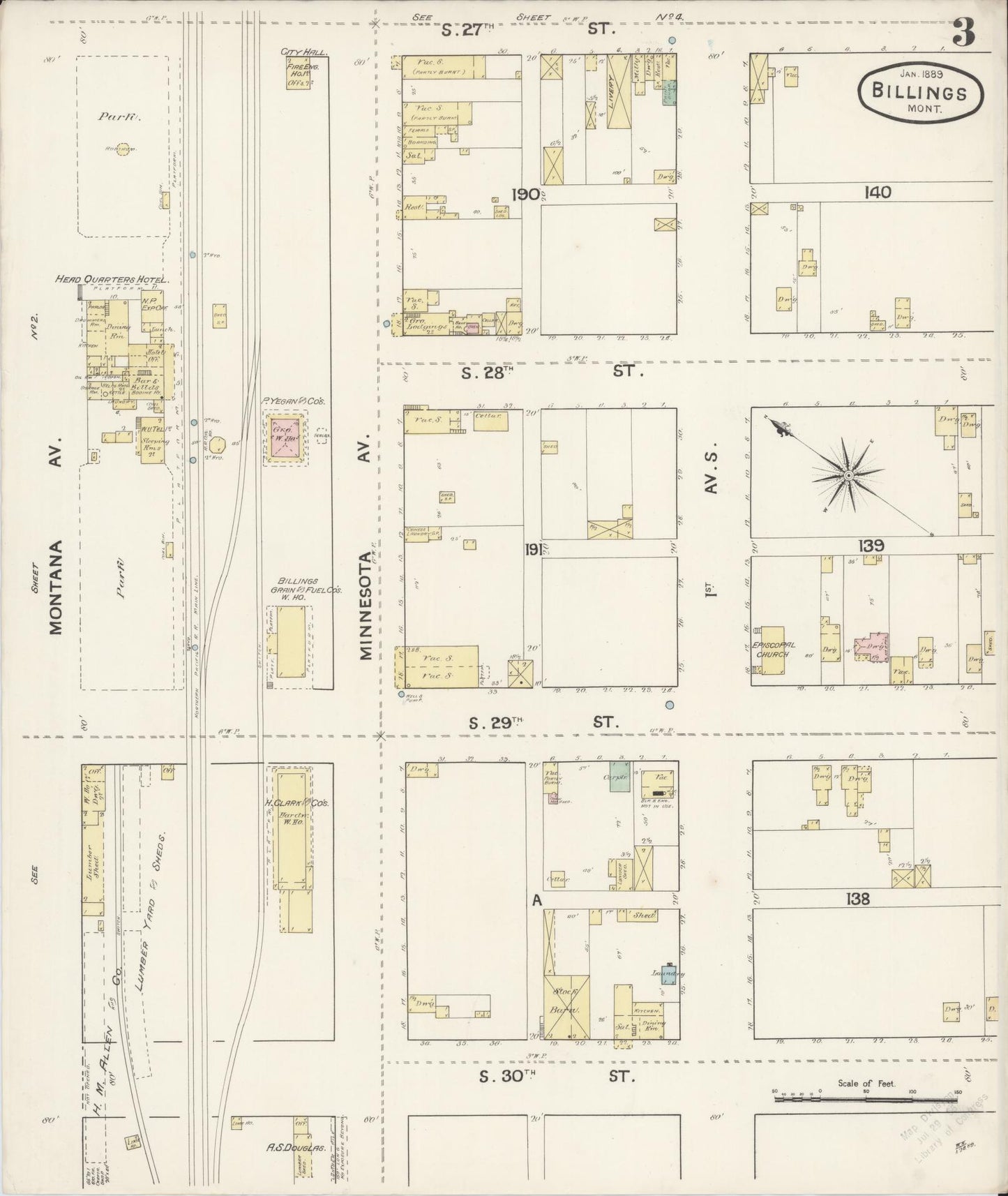 Sanborn Fire Insurance Map from Billings, Yellowstone County, Montana (1889), Sheet #0003 - Complete Map Set gallery image, historic Sanborn map, vintage wall art, Montana Montana