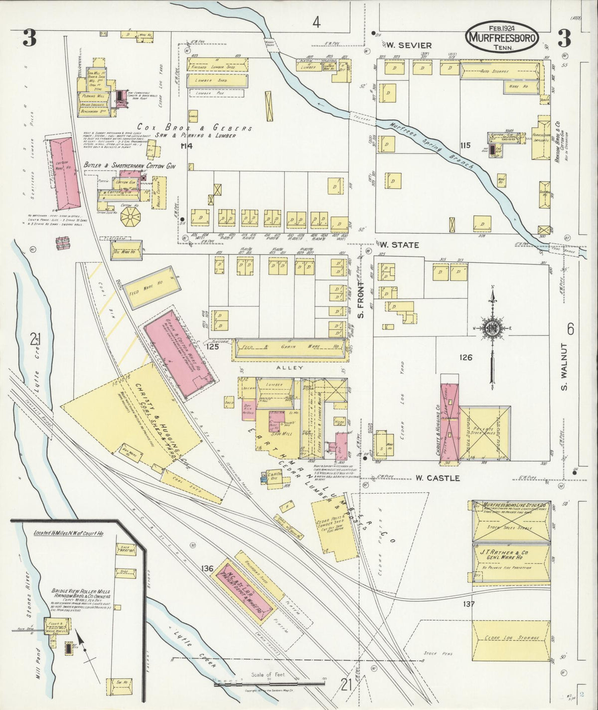 Sanborn Fire Insurance Map from Murfreesboro, Rutherford County, Tennessee (1924), Sheet #0003 - Complete Map Set gallery image, historic Sanborn map, vintage wall art, Tennessee Tennessee