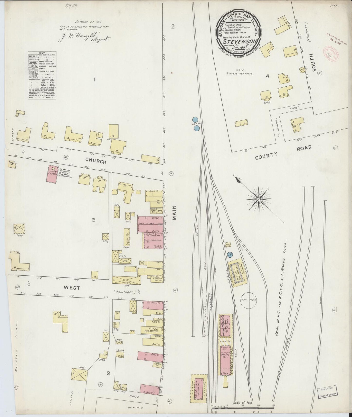 Sanborn Fire Insurance Map from Stevenson, Jackson County, Alabama (1895), Sheet #0001 - Historic Sanborn Fire Insurance Map Print, vintage old map wall art, antique decor, genealogy gift, Alabama Alabama map