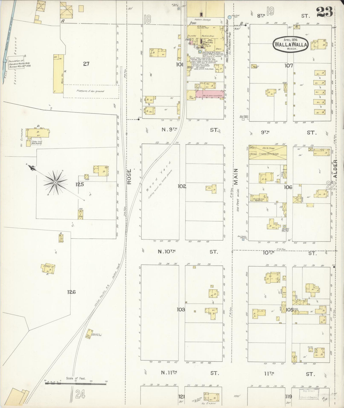 Sanborn Fire Insurance Map from Walla Walla, Walla Walla County, Washington (1894), Sheet #0023 - Historic Sanborn Fire Insurance Map Print, vintage old map wall art, antique decor, genealogy gift, Washington Washington map