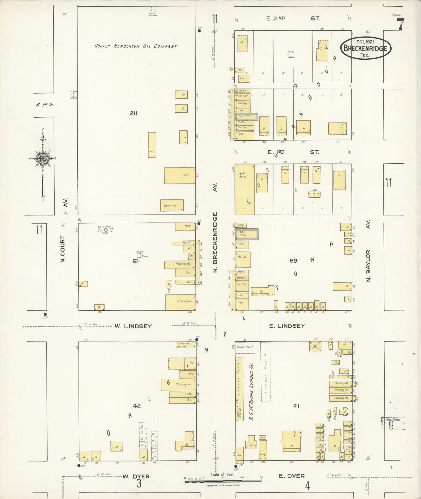 Sanborn Fire Insurance Map from Breckenridge, Stephens County, Texas (1921), Sheet #0007 - Historic Sanborn Fire Insurance Map Print, vintage old map wall art, antique decor, genealogy gift, Texas Texas map