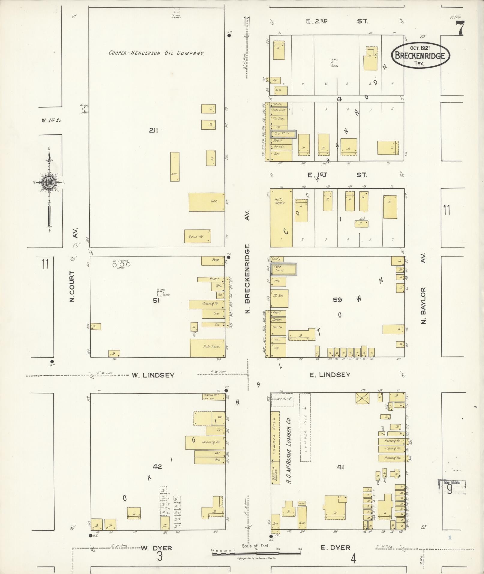 Sanborn Fire Insurance Map from Breckenridge, Stephens County, Texas (1921), Sheet #0007 - Historic Sanborn Fire Insurance Map Print, vintage old map wall art, antique decor, genealogy gift, Texas Texas map