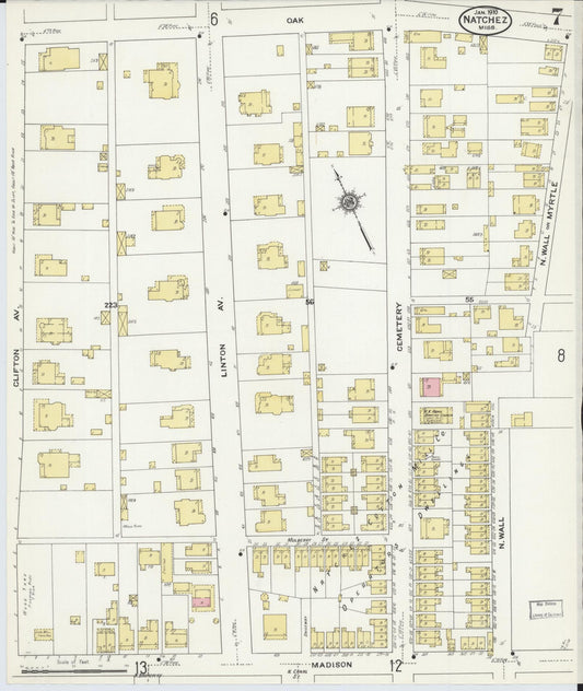 Sanborn Fire Insurance Map from Natchez, Adams County, Mississippi (1910), Sheet #0007 - Historic Sanborn Fire Insurance Map Print, vintage old map wall art, antique decor, genealogy gift, Mississippi Mississippi map