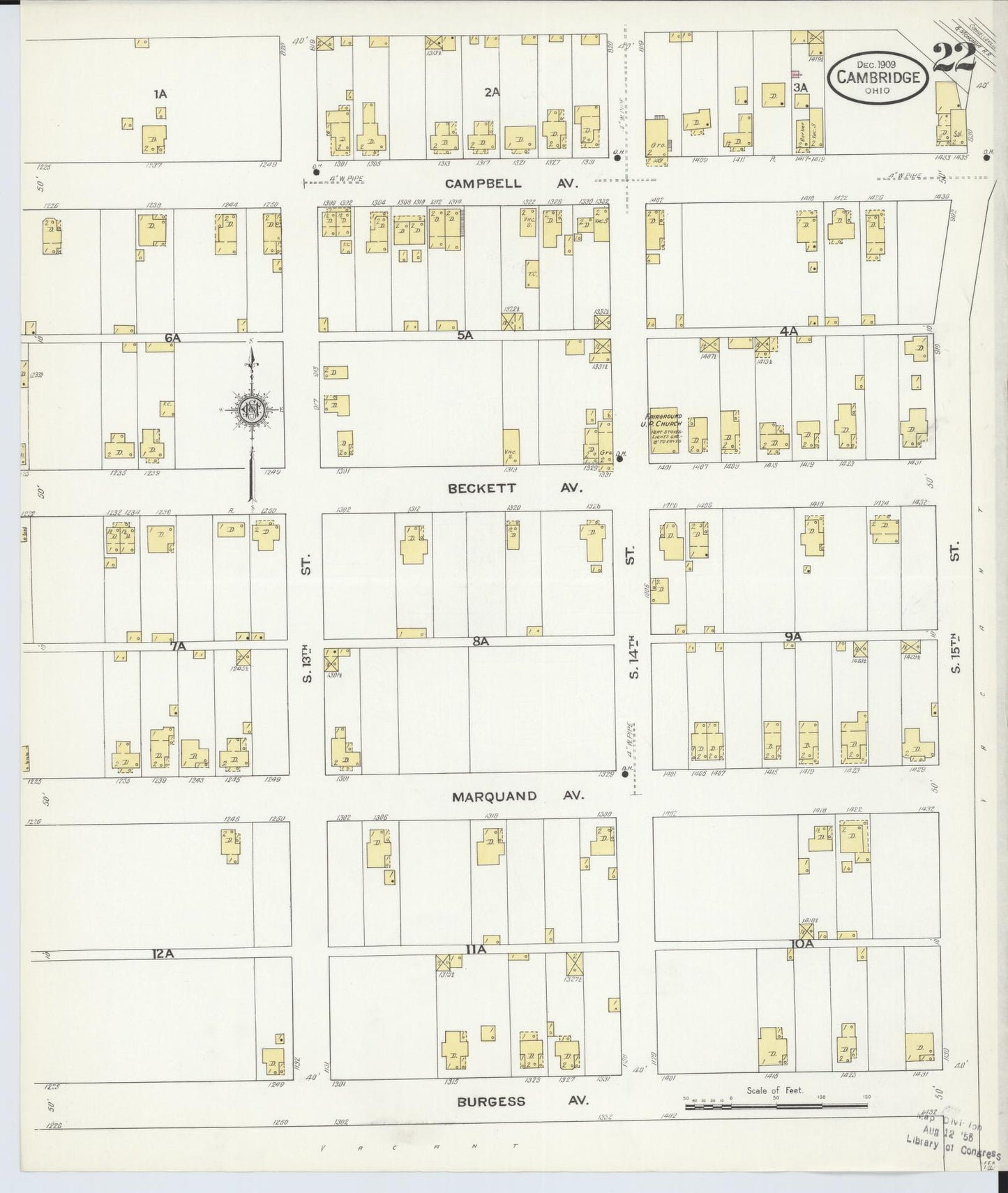 Sanborn Fire Insurance Map from Cambridge, Guernsey County, Ohio (1909), Sheet #0022 - Historic Sanborn Fire Insurance Map Print, vintage old map wall art, antique decor, genealogy gift, Ohio Ohio map