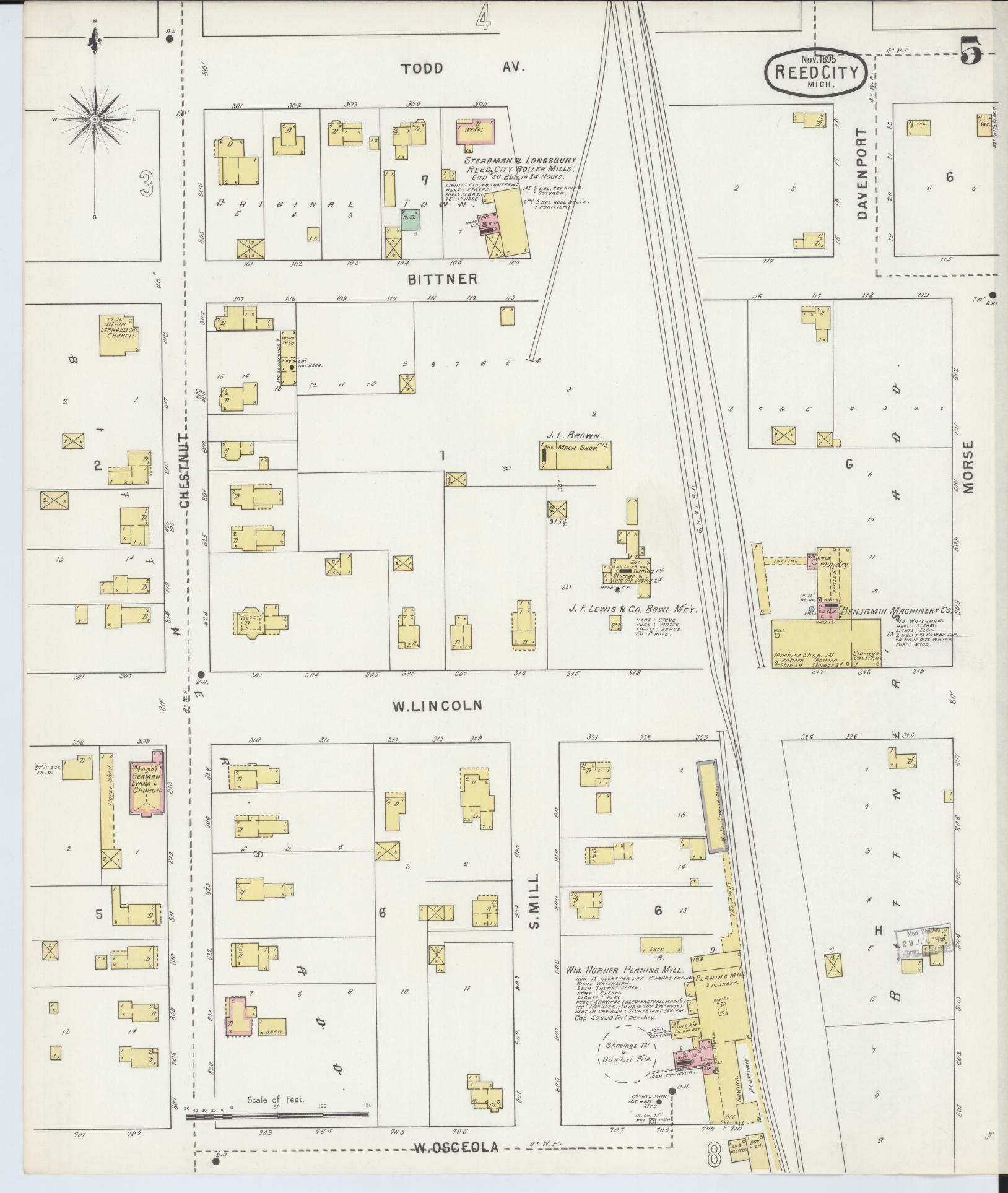 Sanborn Fire Insurance Map from Reed City, Osceola County, Michigan (1895), Sheet #0005 - Complete Map Set gallery image, historic Sanborn map, vintage wall art, Michigan Michigan