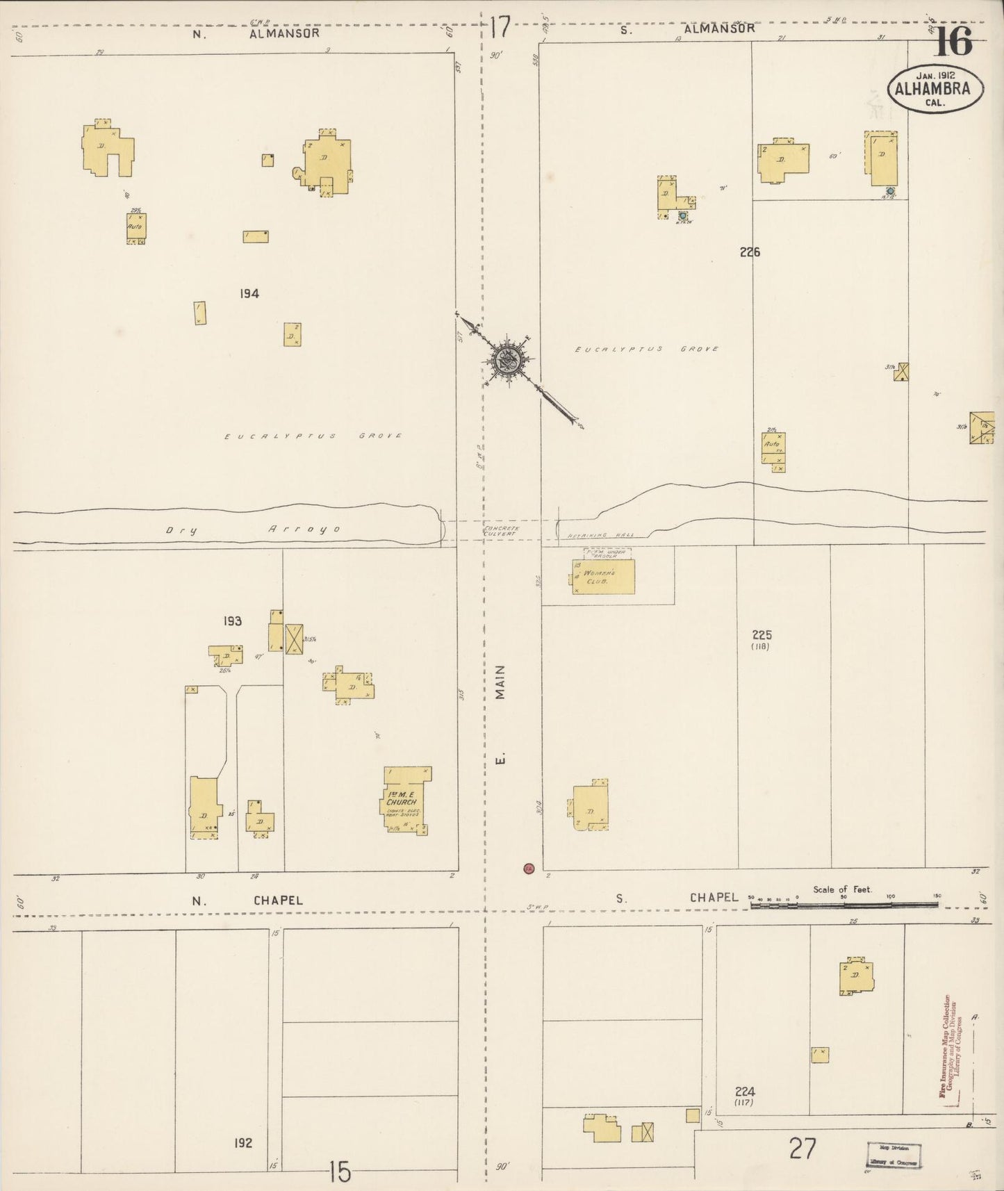 Sanborn Fire Insurance Map from Alhambra, Los Angeles County, California (1912), Sheet #0016 - Historic Sanborn Fire Insurance Map Print, vintage old map wall art, antique decor, genealogy gift, California California map
