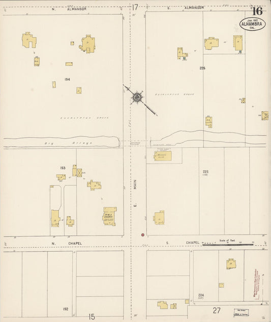 Sanborn Fire Insurance Map from Alhambra, Los Angeles County, California (1912), Sheet #0016 - Historic Sanborn Fire Insurance Map Print, vintage old map wall art, antique decor, genealogy gift, California California map