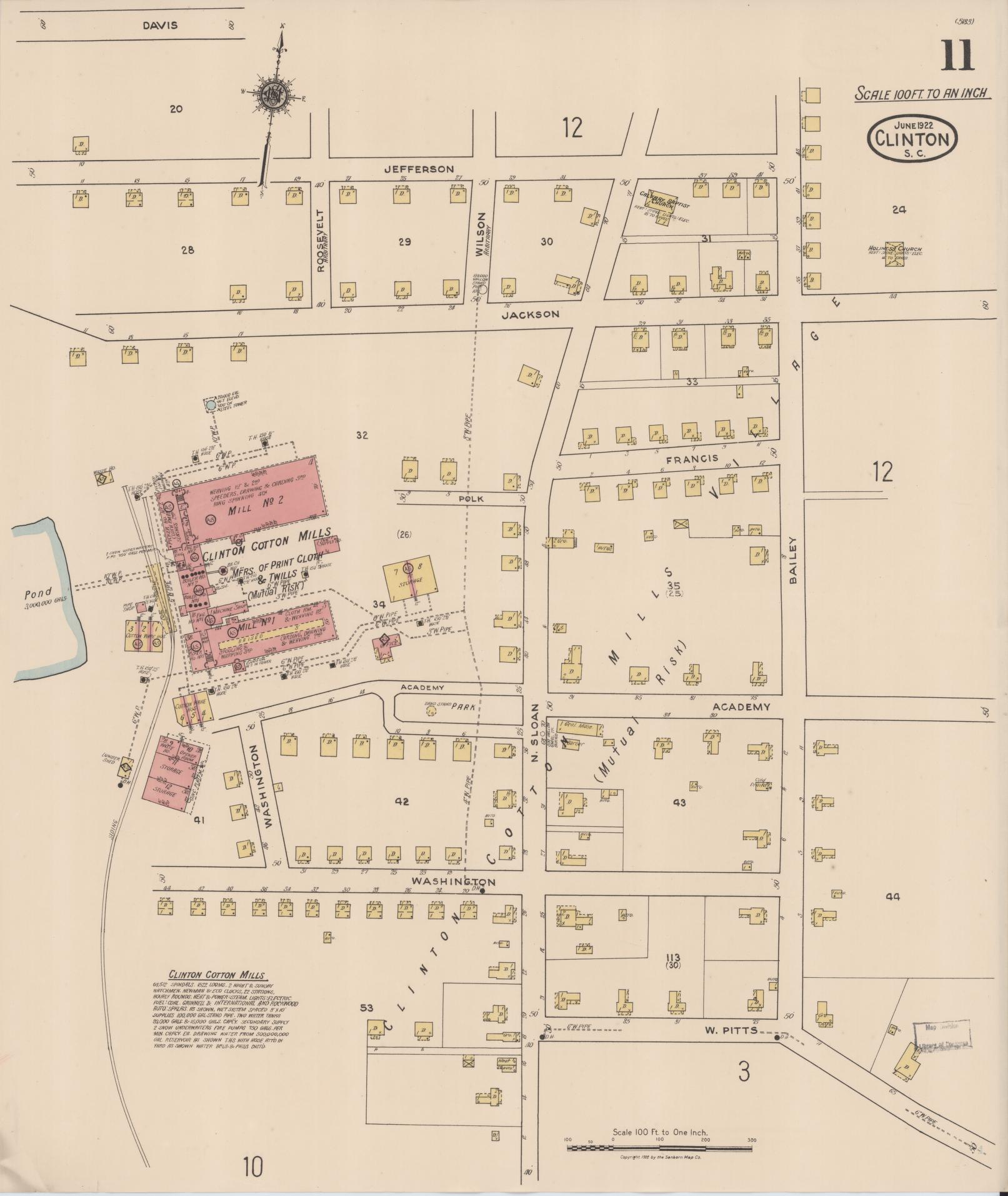Sanborn Fire Insurance Map from Clinton, Laurens County, South Carolina (1922), Sheet #0011 - Complete Map Set gallery image, historic Sanborn map, vintage wall art, South Carolina South Carolina