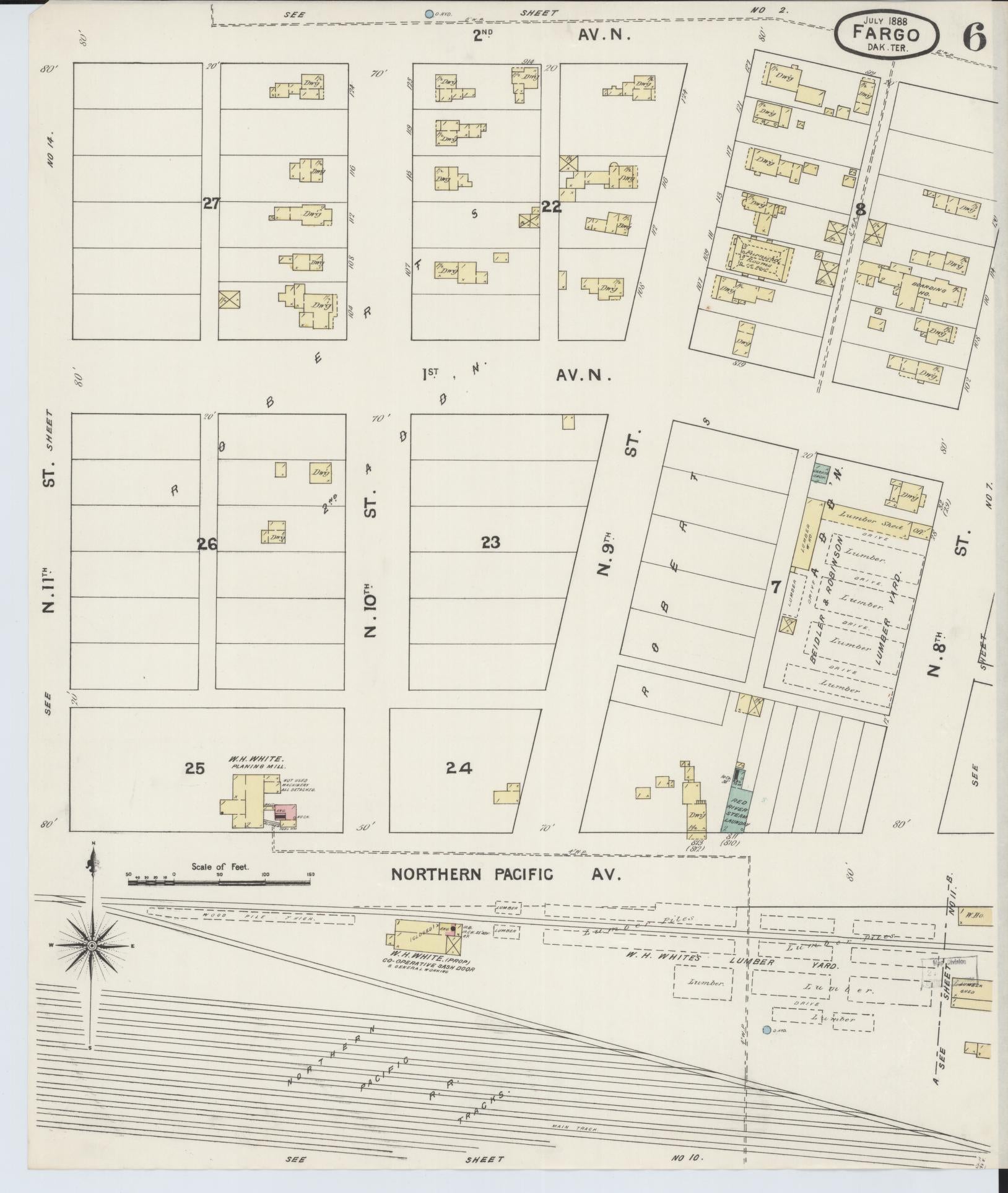 Sanborn Fire Insurance Map from Fargo, Cass County, North Dakota (1888), Sheet #0006 - Historic Sanborn Fire Insurance Map Print, vintage old map wall art, antique decor, genealogy gift, North Dakota North Dakota map