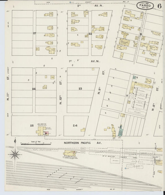 Sanborn Fire Insurance Map from Fargo, Cass County, North Dakota (1888), Sheet #0006 - Historic Sanborn Fire Insurance Map Print, vintage old map wall art, antique decor, genealogy gift, North Dakota North Dakota map