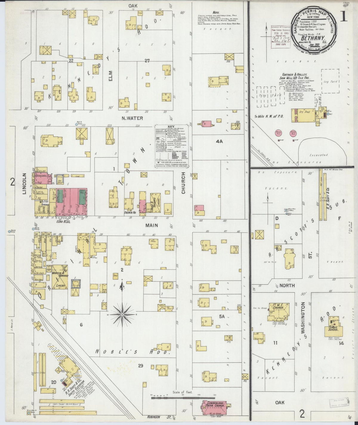 Sanborn Fire Insurance Map from Bethany, Moultrie County, Illinois (1901), Sheet #0001 - Historic Sanborn Fire Insurance Map Print, vintage old map wall art, antique decor, genealogy gift, Illinois Illinois map