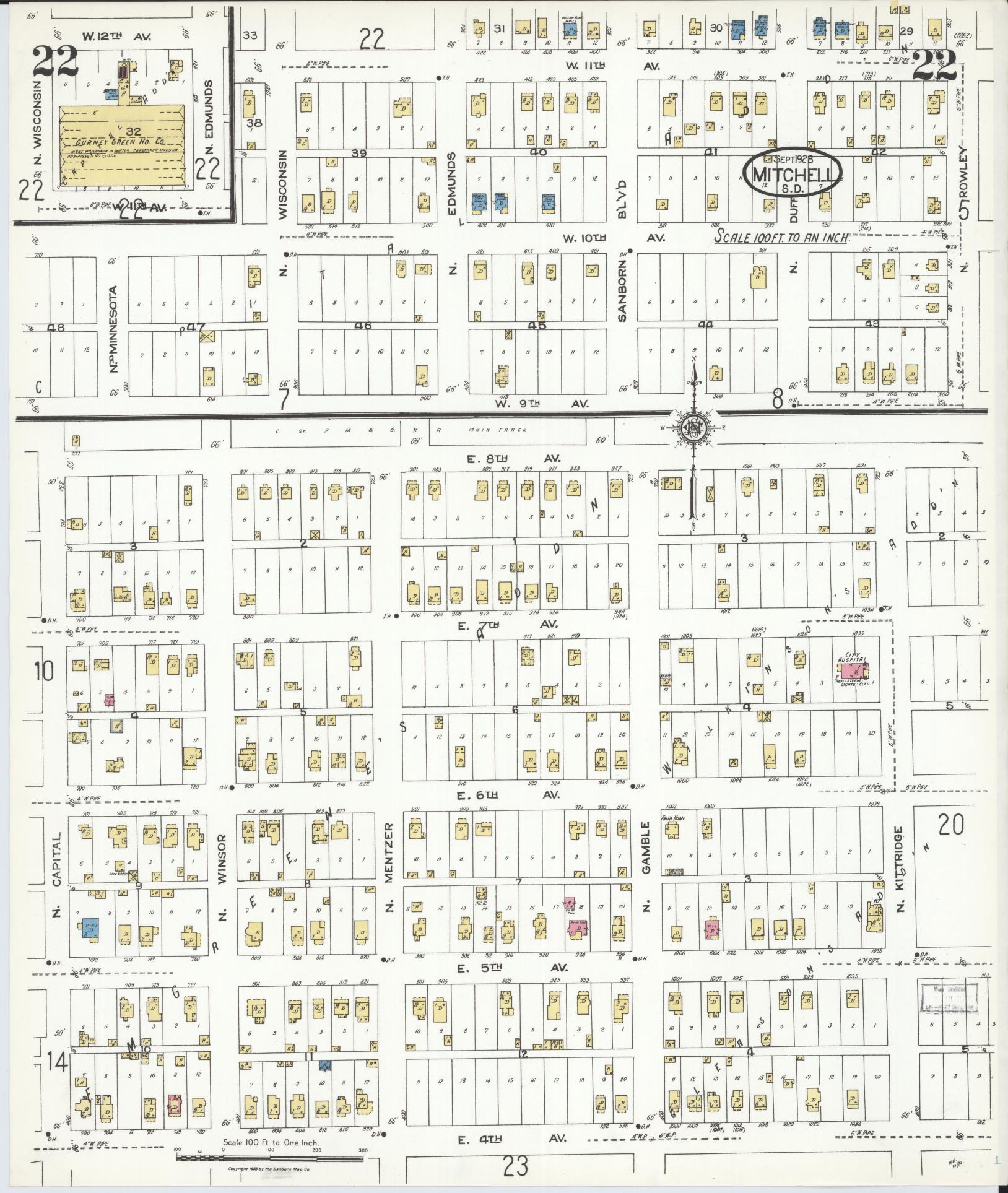 Sanborn Fire Insurance Map from Mitchell, Davison County, South Dakota (1923), Sheet #0022 - Historic Sanborn Fire Insurance Map Print, vintage old map wall art, antique decor, genealogy gift, South Dakota South Dakota map
