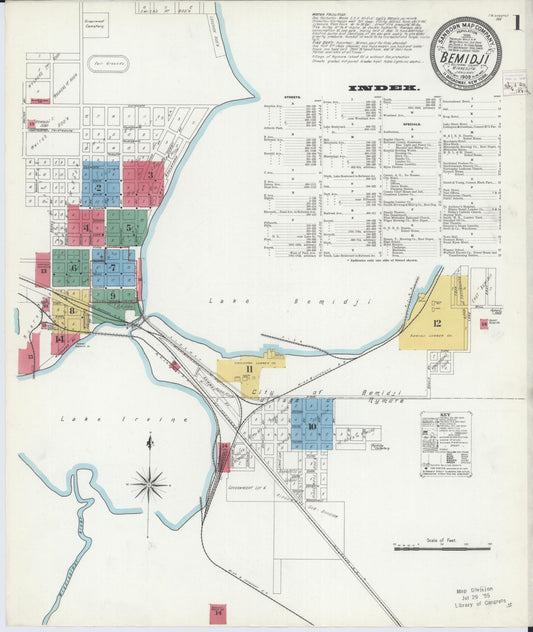 Sanborn Fire Insurance Map from Bemidji, Beltrami County, Minnesota (1909), Sheet #0001 - Historic Sanborn Fire Insurance Map Print, vintage old map wall art, antique decor, genealogy gift, Minnesota Minnesota map