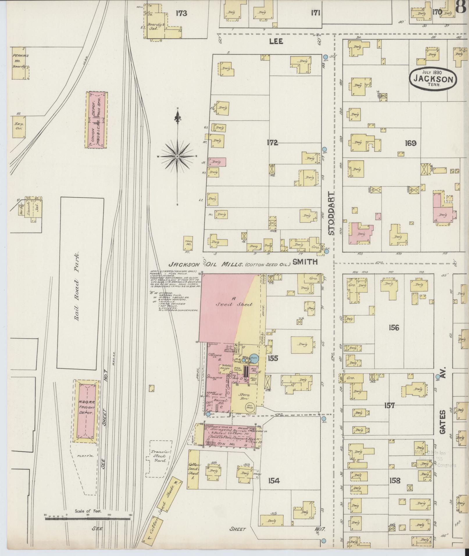 Sanborn Fire Insurance Map from Jackson, Madison County, Tennessee (1890), Sheet #0008 - Historic Sanborn Fire Insurance Map Print, vintage old map wall art, antique decor, genealogy gift, Tennessee Tennessee map