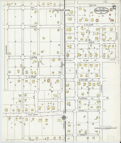 Sanborn Fire Insurance Map from Weatherford, Parker County, Texas (1921), Sheet #0017 - Complete Map Set gallery image, historic Sanborn map, vintage wall art, Texas Texas
