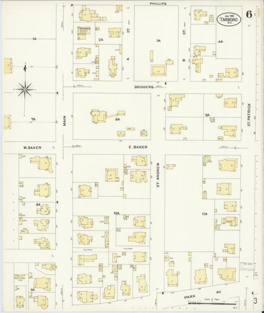 Sanborn Fire Insurance Map from Tarboro, Edgecombe County, North Carolina (1908), Sheet #0006 - Historic Sanborn Fire Insurance Map Print, vintage old map wall art, antique decor, genealogy gift, North Carolina North Carolina map