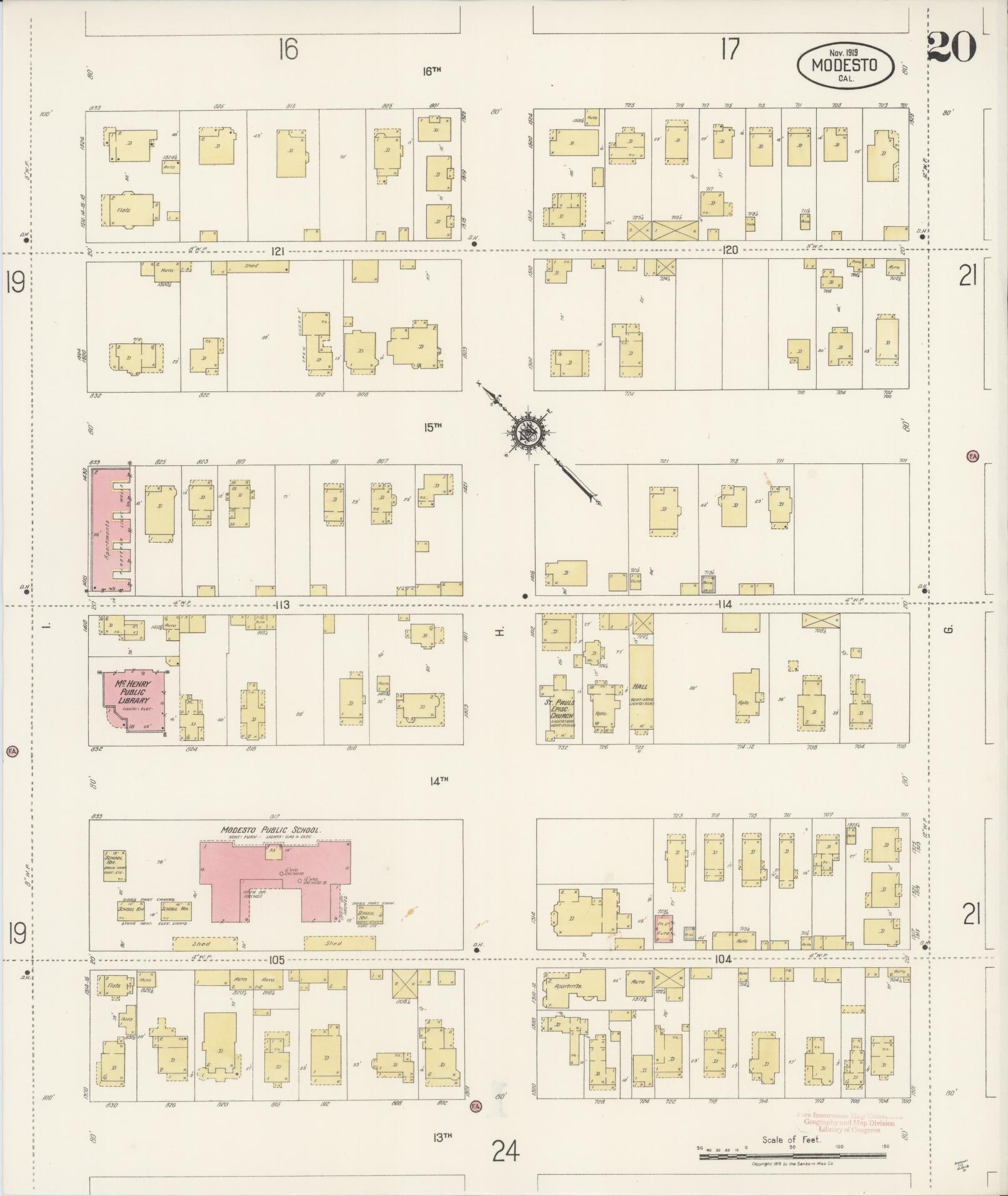 Sanborn Fire Insurance Map from Modesto, Stanislaus County, California (1919), Sheet #0020 - Historic Sanborn Fire Insurance Map Print, vintage old map wall art, antique decor, genealogy gift, California California map