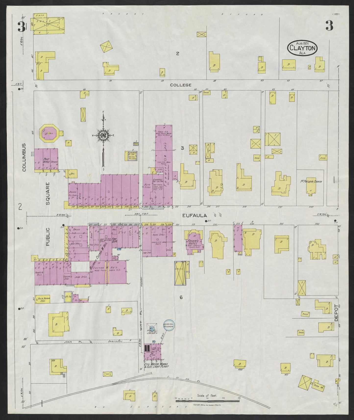 Sanborn Fire Insurance Map from Clayton, Barbour County, Alabama (1924), Sheet #0003 - Complete Map Set gallery image, historic Sanborn map, vintage wall art, Alabama Alabama