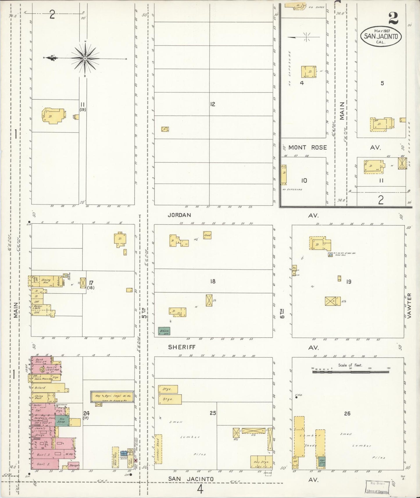 Sanborn Fire Insurance Map from San Jacinto, Riverside County, California (1907), Sheet #0002 - Complete Map Set gallery image, historic Sanborn map, vintage wall art, California California