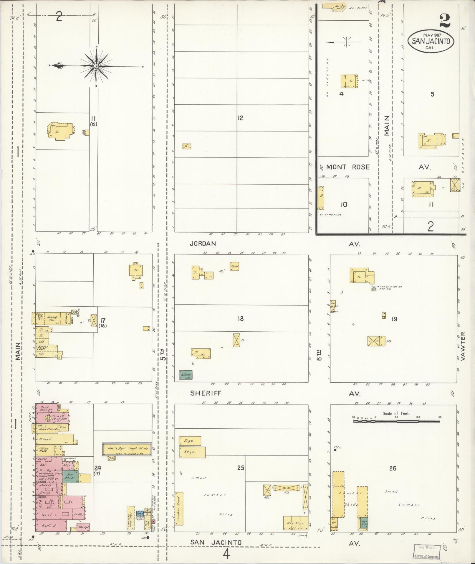 Sanborn Fire Insurance Map from San Jacinto, Riverside County, California (1907), Sheet #0002 - Complete Map Set gallery image, historic Sanborn map, vintage wall art, California California