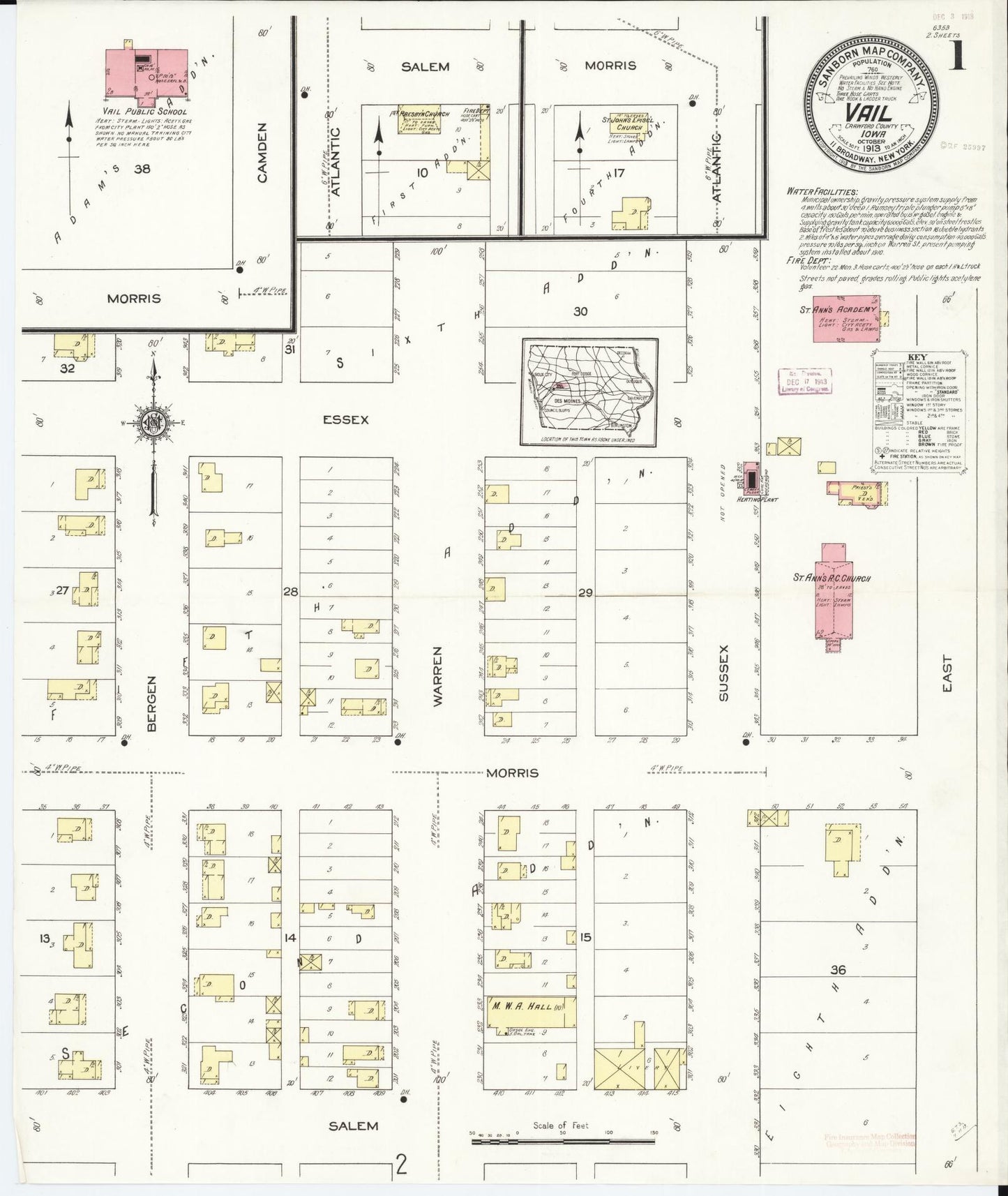 Sanborn Fire Insurance Map from Vail, Crawford County, Iowa (1913), Sheet #0001 - Historic Sanborn Fire Insurance Map Print, vintage old map wall art