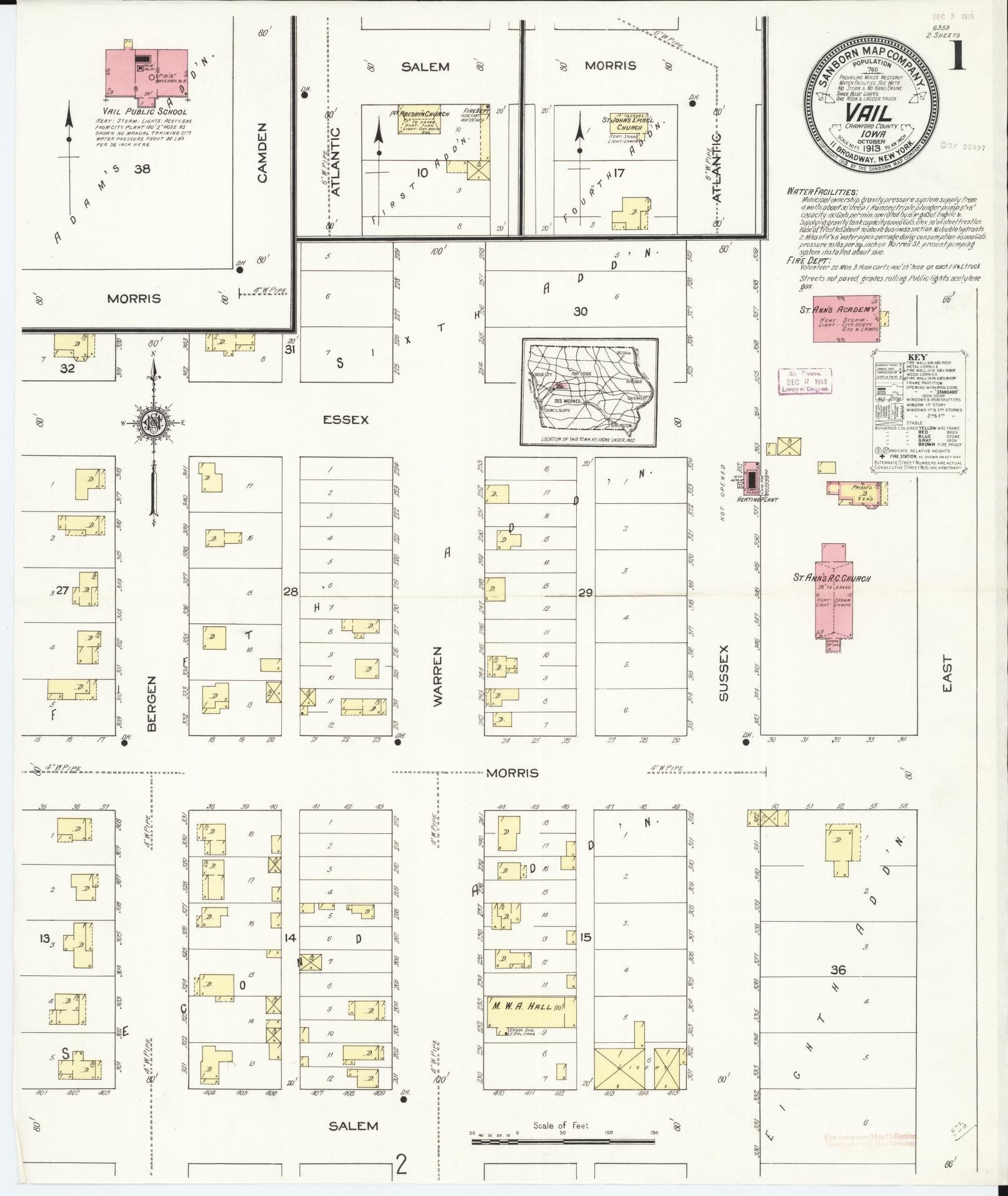 Sanborn Fire Insurance Map from Vail, Crawford County, Iowa (1913), Sheet #0001 - Historic Sanborn Fire Insurance Map Print, vintage old map wall art