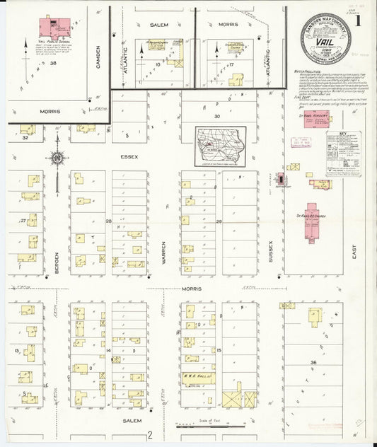 Sanborn Fire Insurance Map from Vail, Crawford County, Iowa (1913), Sheet #0001 - Historic Sanborn Fire Insurance Map Print, vintage old map wall art