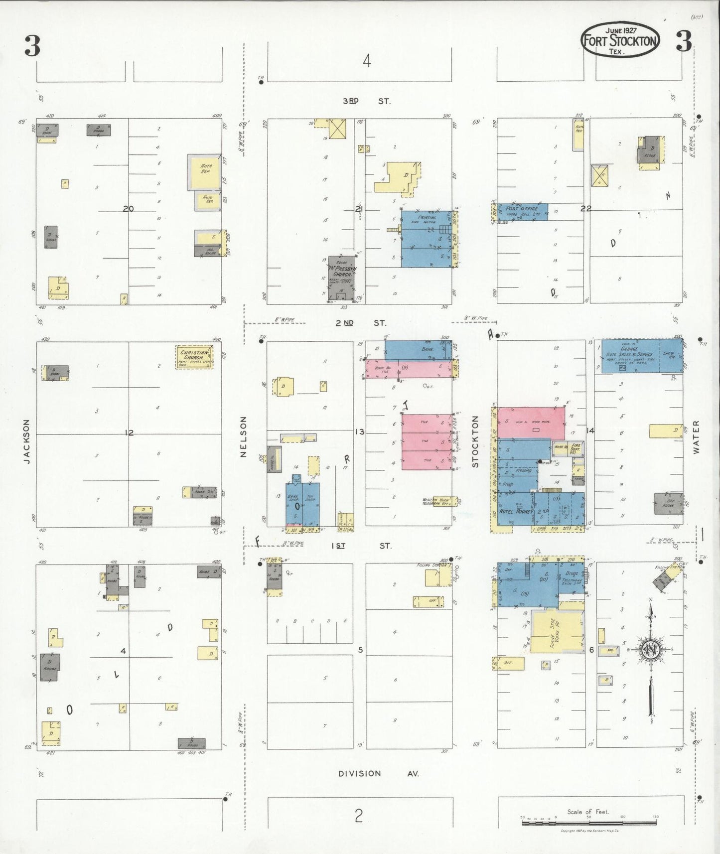 Sanborn Fire Insurance Map from Fort Stockton, Pecos County, Texas (1927), Sheet #0003 - Historic Sanborn Fire Insurance Map Print, vintage old map wall art, antique decor, genealogy gift, Texas Texas map