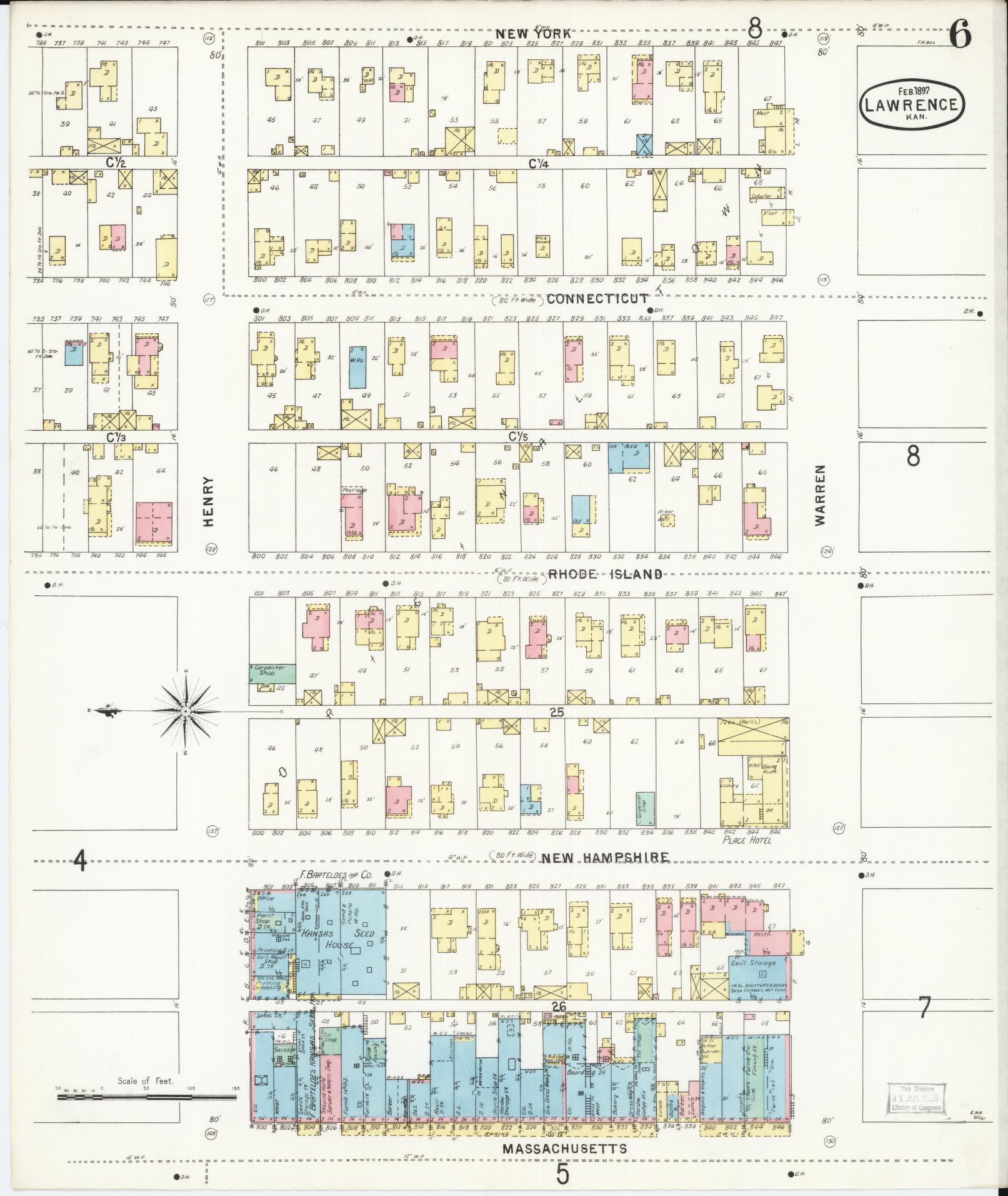 Sanborn Fire Insurance Map from Lawrence, Douglas County, Kansas (1897), Sheet #0006 - Historic Sanborn Fire Insurance Map Print, vintage old map wall art, antique decor, genealogy gift, Kansas Kansas map