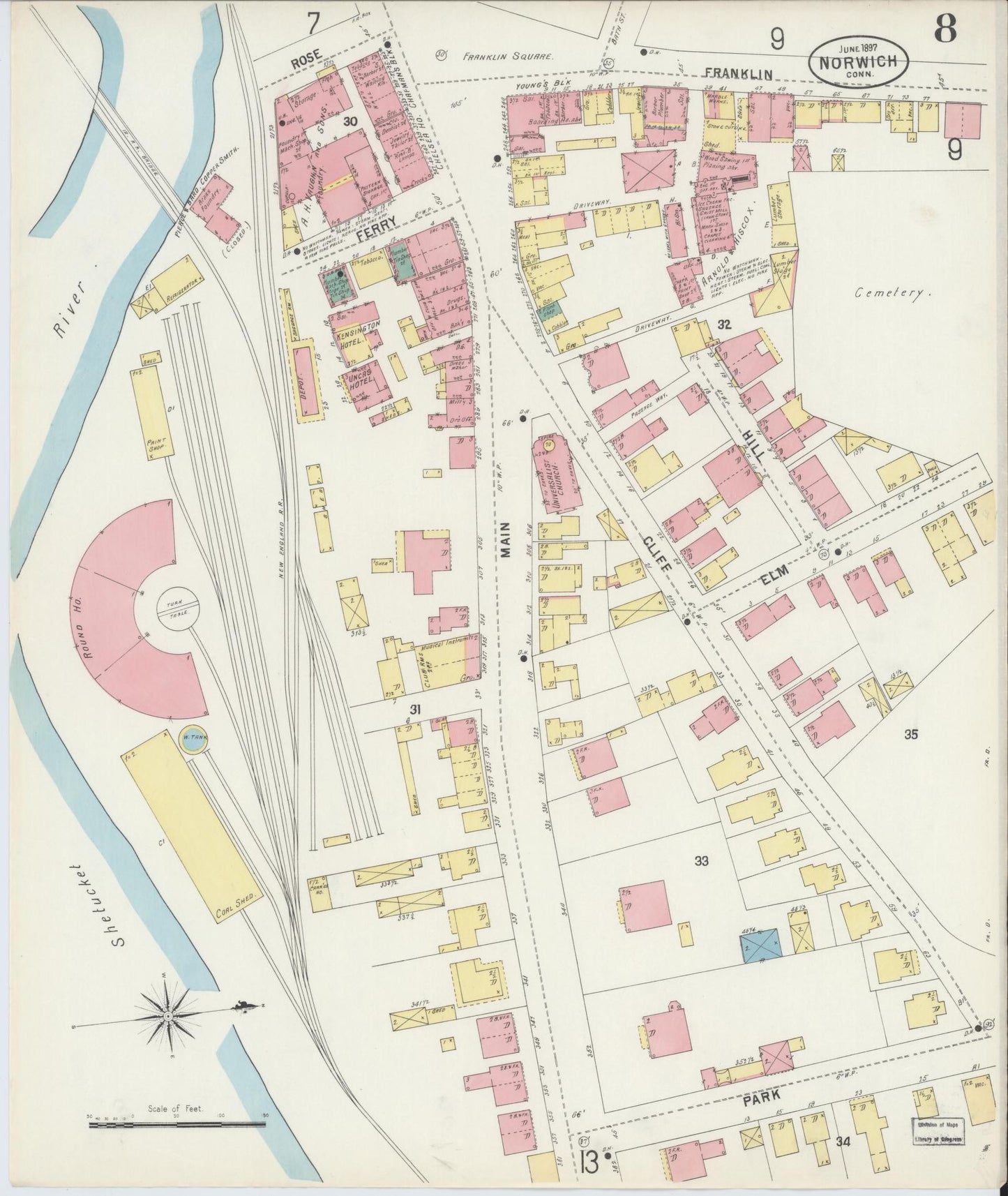 Sanborn Fire Insurance Map from Norwich, New London County, Connecticut (1897), Sheet #0008 - Complete Map Set gallery image, historic Sanborn map, vintage wall art, Connecticut Connecticut