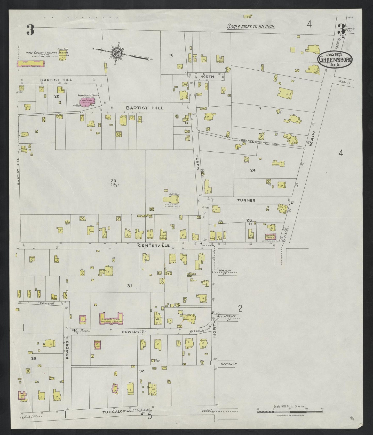 Sanborn Fire Insurance Map from Greensboro, Hale County, Alabama (1925), Sheet #0003 - Historic Sanborn Fire Insurance Map Print, vintage old map wall art, antique decor, genealogy gift, Alabama Alabama map