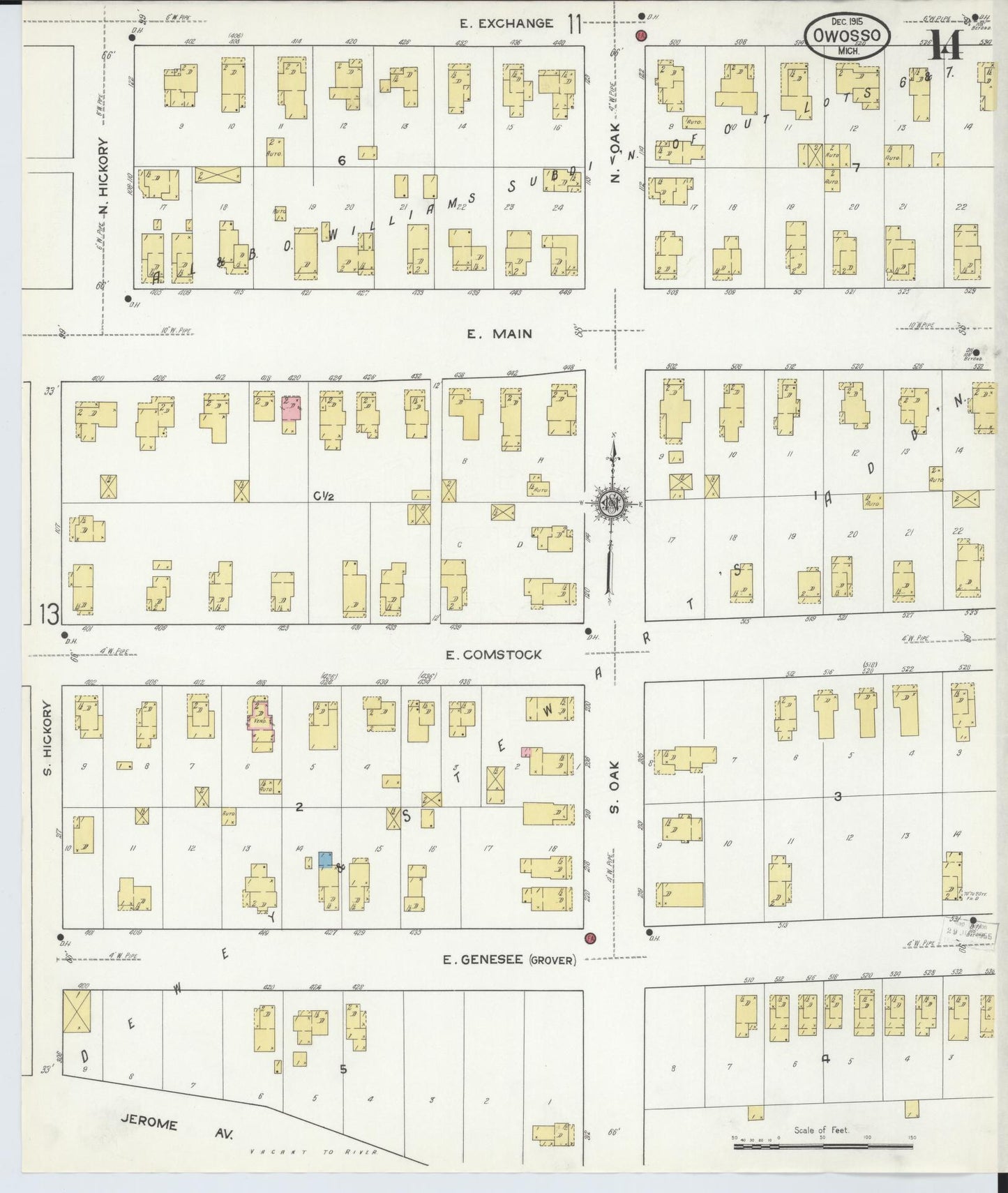 Sanborn Fire Insurance Map from Owosso, Shiawassee County, Michigan (1915), Sheet #0014 - Historic Sanborn Fire Insurance Map Print, vintage old map wall art, antique decor, genealogy gift, Michigan Michigan map