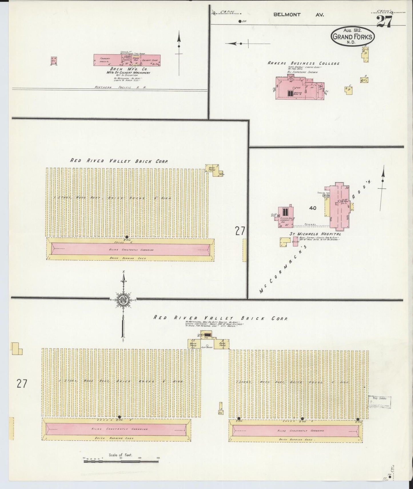 Sanborn Fire Insurance Map from Grand Forks, Grand Forks County, North Dakota (1912), Sheet #0027 - Historic Sanborn Fire Insurance Map Print, vintage old map wall art, antique decor, genealogy gift, North Dakota North Dakota map