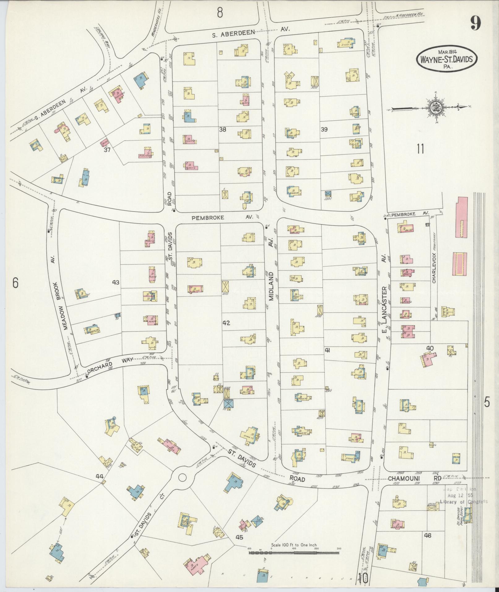 Sanborn Fire Insurance Map from Wayne, Delaware County, Pennsylvania (1914), Sheet #0009 - Historic Sanborn Fire Insurance Map Print, vintage old map wall art, antique decor, genealogy gift, Wayne Delaware map
