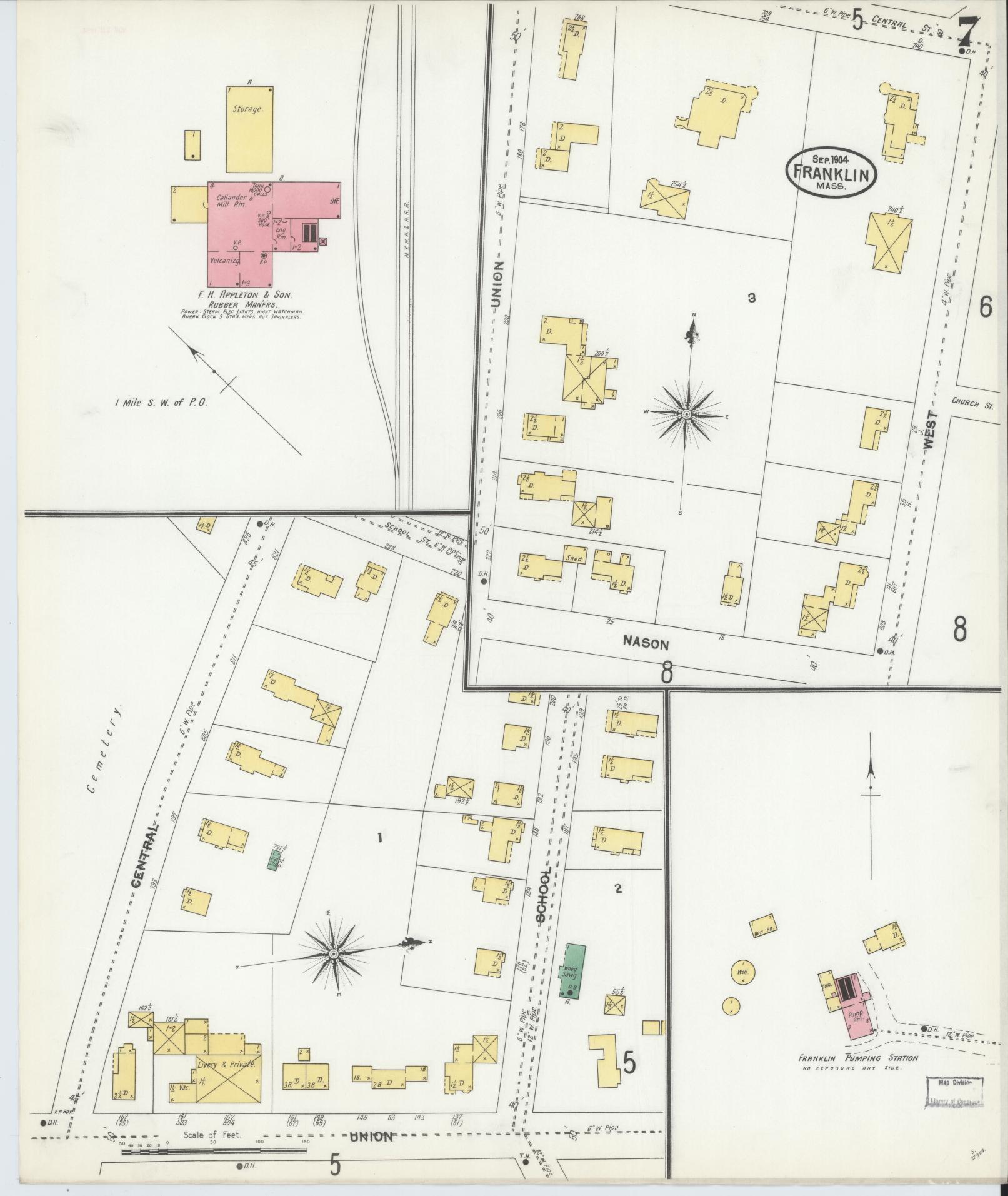 Sanborn Fire Insurance Map from Franklin, Norfolk County, Massachusetts (1904), Sheet #0007 - Complete Map Set gallery image, historic Sanborn map, vintage wall art, Massachusetts Massachusetts