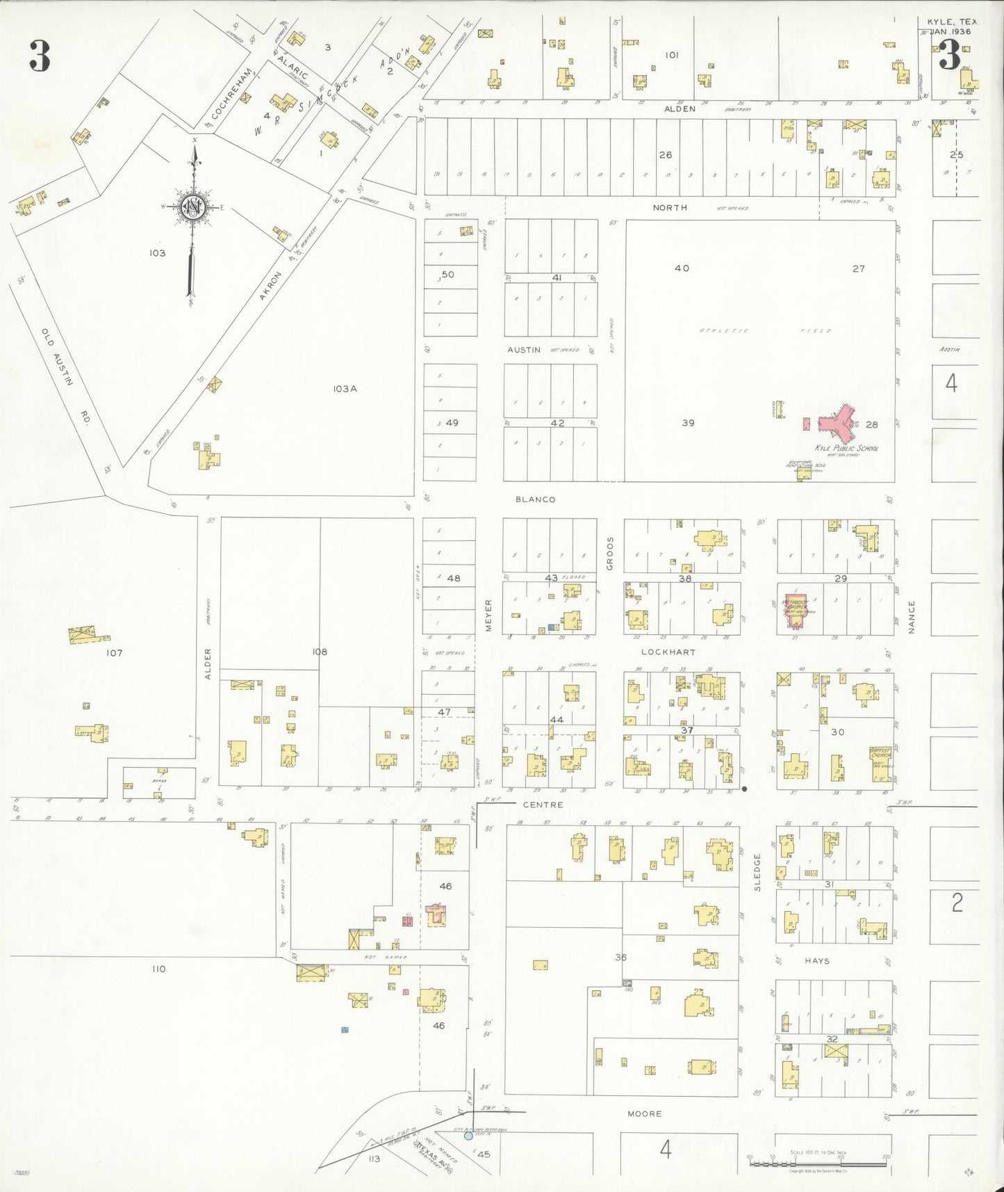 Sanborn Fire Insurance Map from Kyle, Hays County, Texas (1936), Sheet #0003 - Historic Sanborn Fire Insurance Map Print, vintage old map wall art, antique decor, genealogy gift, Texas Texas map