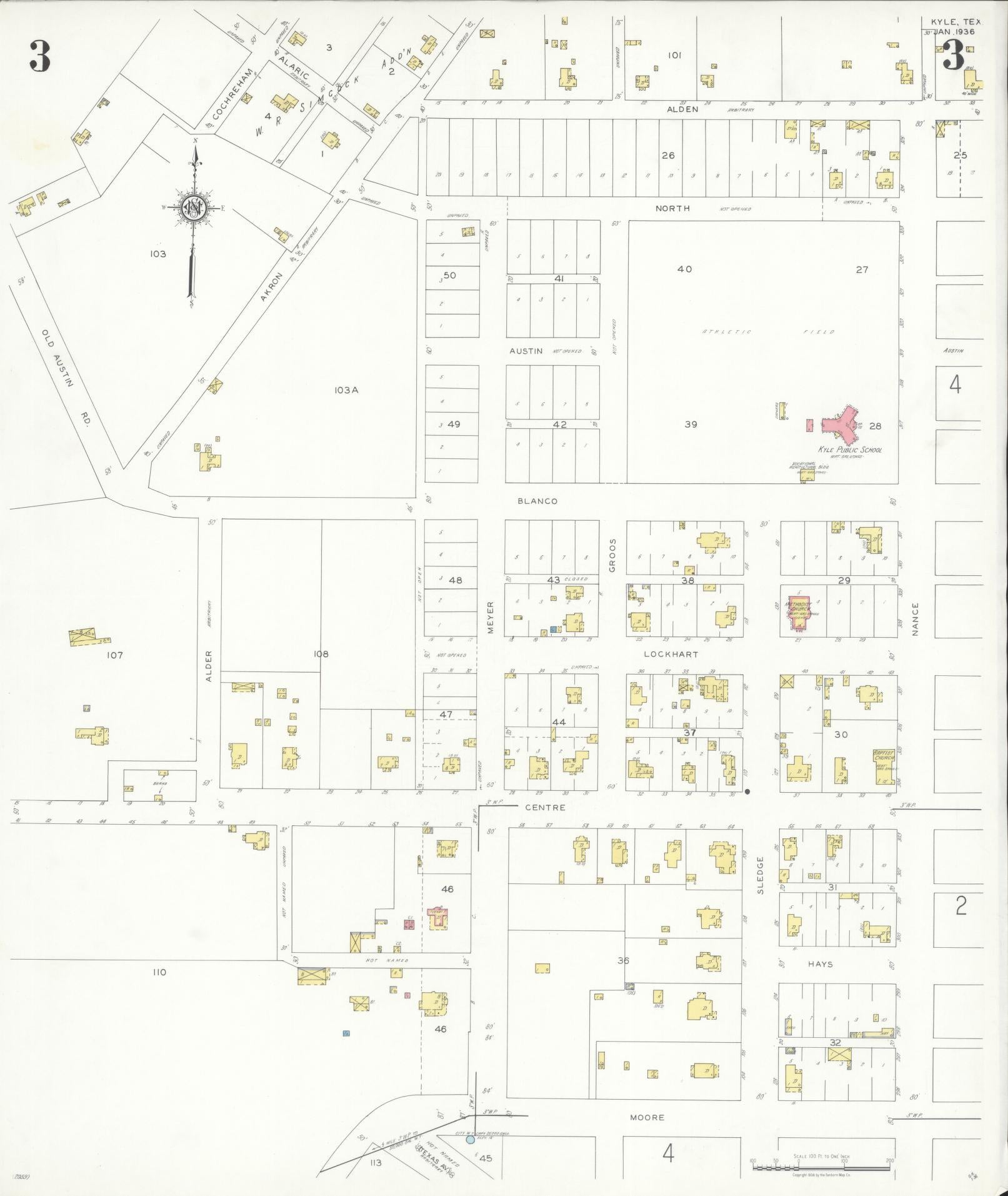 Sanborn Fire Insurance Map from Kyle, Hays County, Texas (1936), Sheet #0003 - Historic Sanborn Fire Insurance Map Print, vintage old map wall art, antique decor, genealogy gift, Texas Texas map