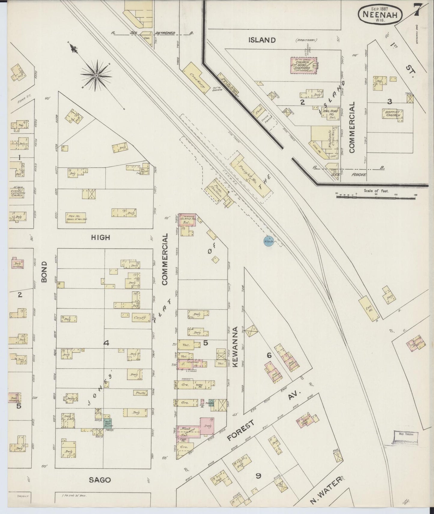 Sanborn Fire Insurance Map from Neenah, Winnebago County, Wisconsin (1887), Sheet #0007 - Complete Map Set gallery image, historic Sanborn map, vintage wall art, Wisconsin Wisconsin