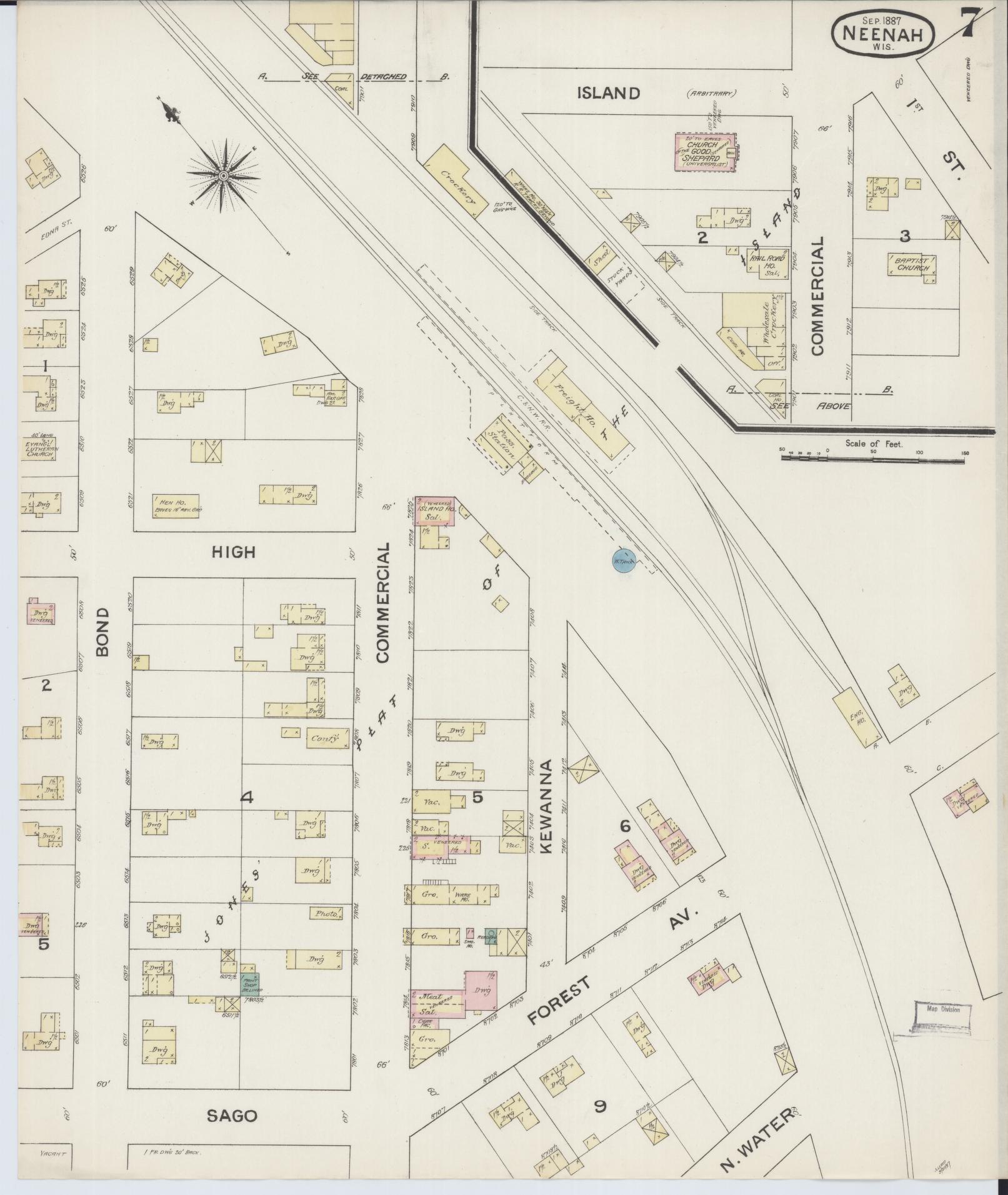 Sanborn Fire Insurance Map from Neenah, Winnebago County, Wisconsin (1887), Sheet #0007 - Complete Map Set gallery image, historic Sanborn map, vintage wall art, Wisconsin Wisconsin