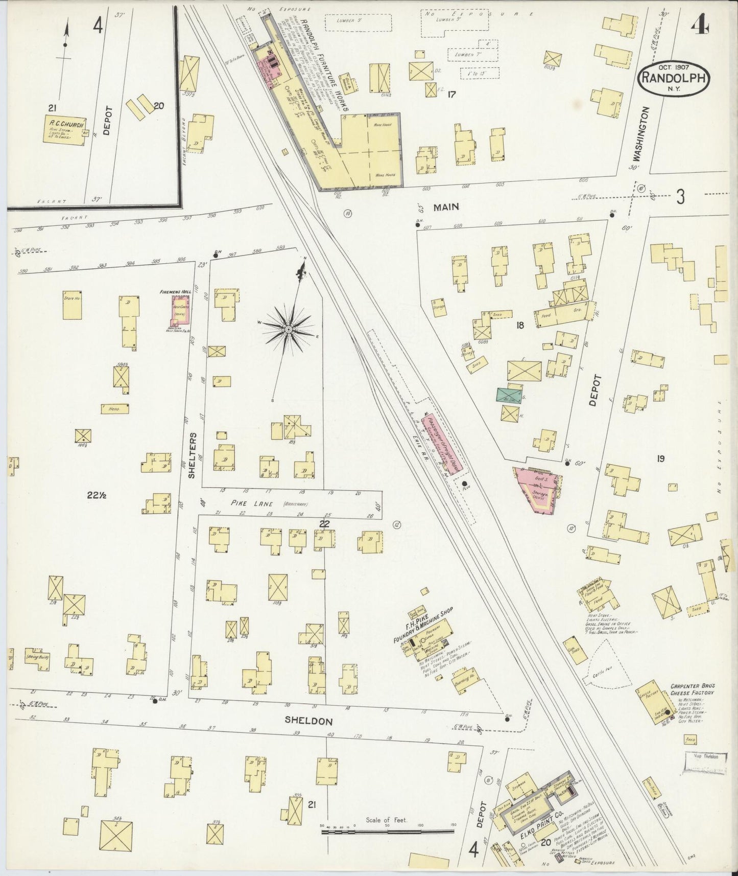 Sanborn Fire Insurance Map from Randolph, Cattaraugus County, New York (1907), Sheet #0004 - Historic Sanborn Fire Insurance Map Print, vintage old map wall art, antique decor, genealogy gift, New York New York map
