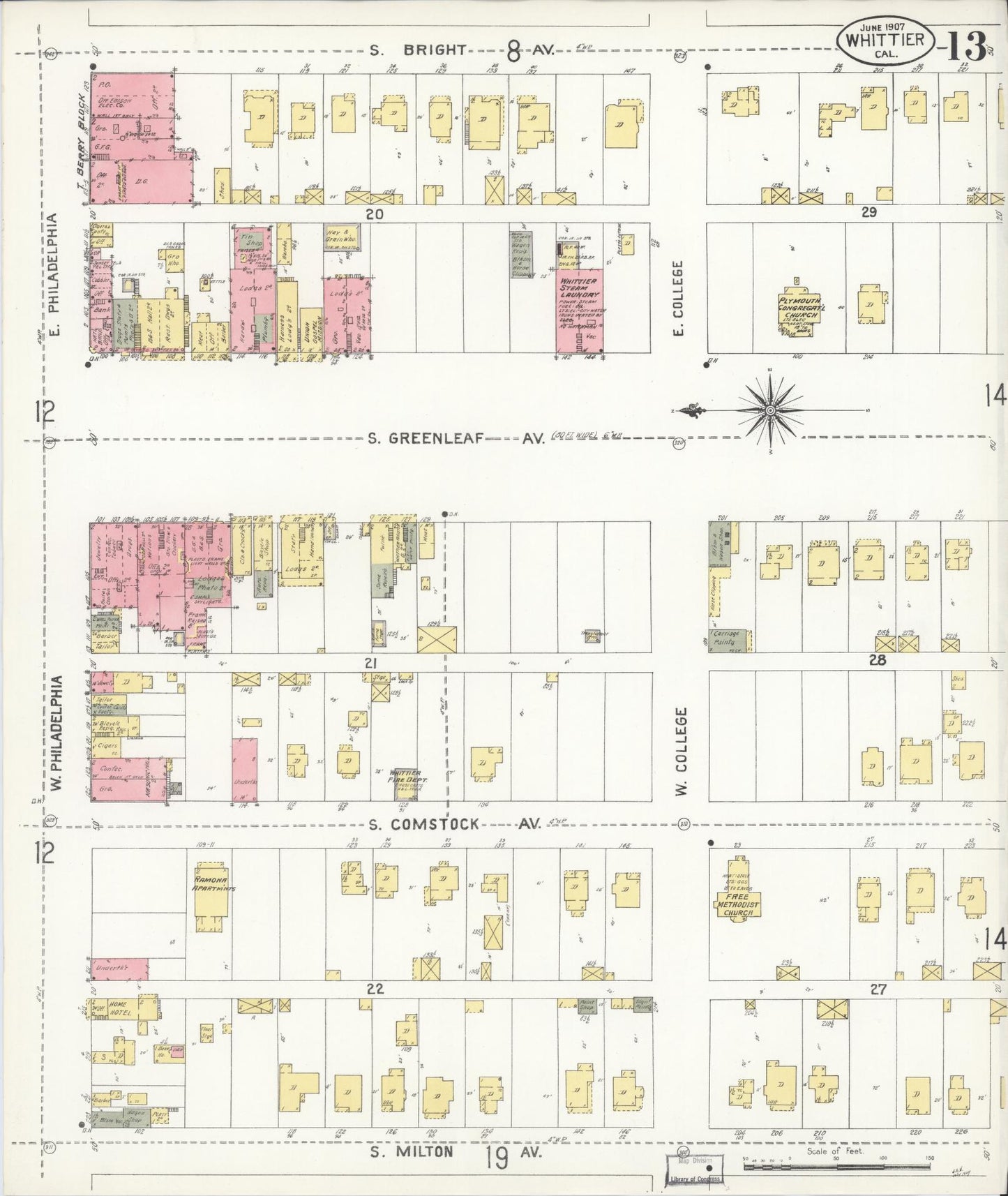 Sanborn Fire Insurance Map from Whittier, Los Angeles County, California (1907), Sheet #0013 - Complete Map Set gallery image, historic Sanborn map, vintage wall art, California California