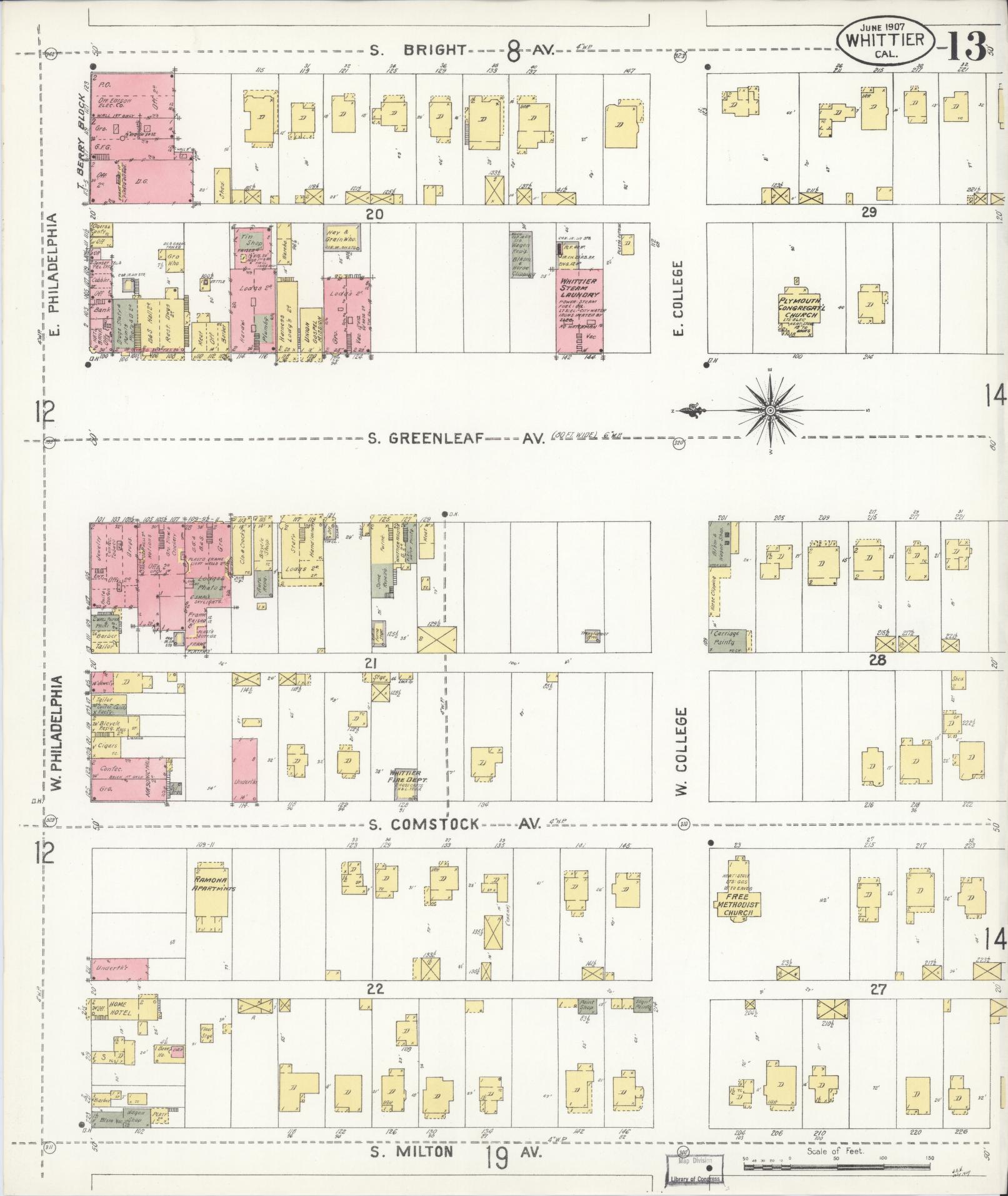 Sanborn Fire Insurance Map from Whittier, Los Angeles County, California (1907), Sheet #0013 - Complete Map Set gallery image, historic Sanborn map, vintage wall art, California California